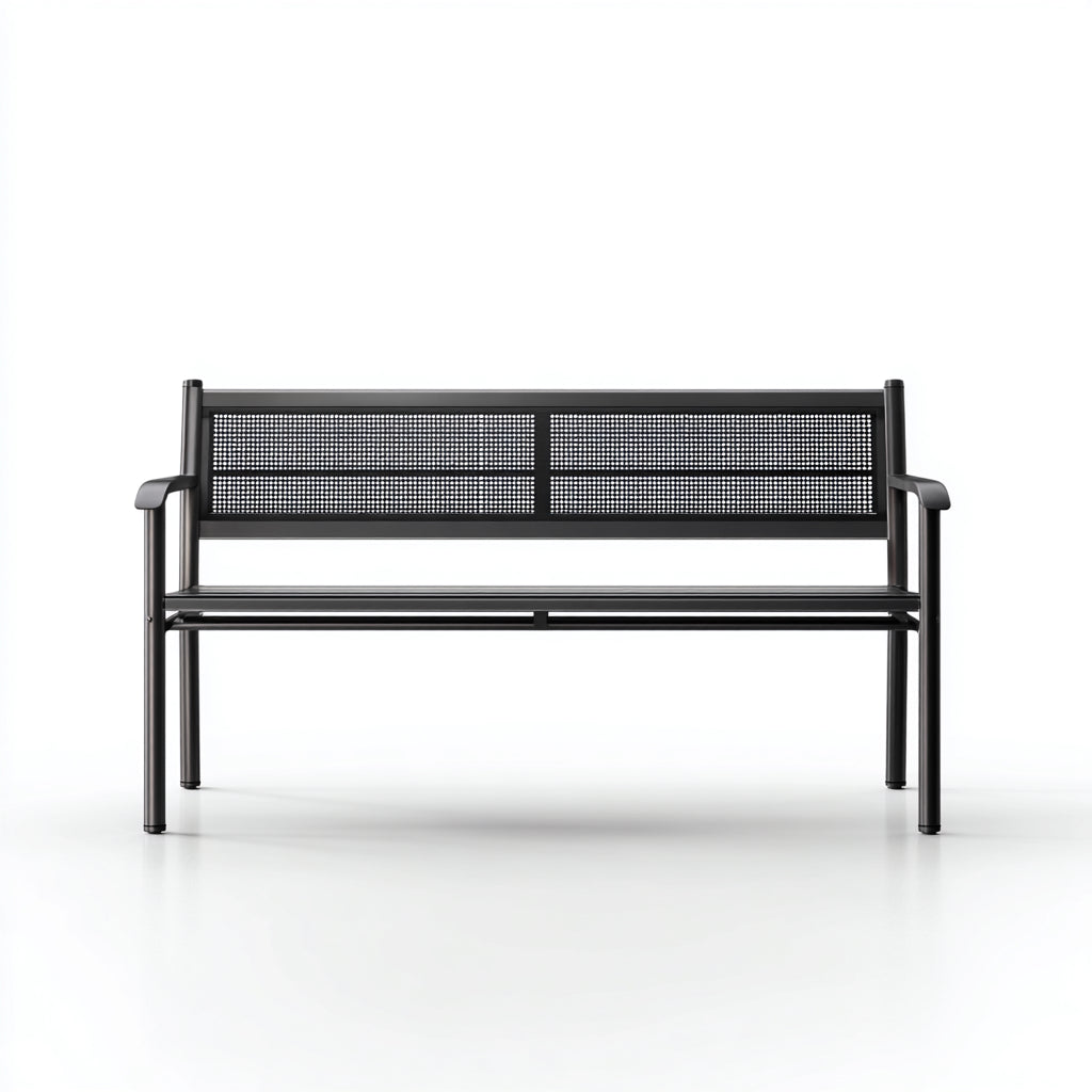 Panca da giardino in metallo con schienale traforato e braccioli 150x45x85 cm - nero - stile moderno per esterni