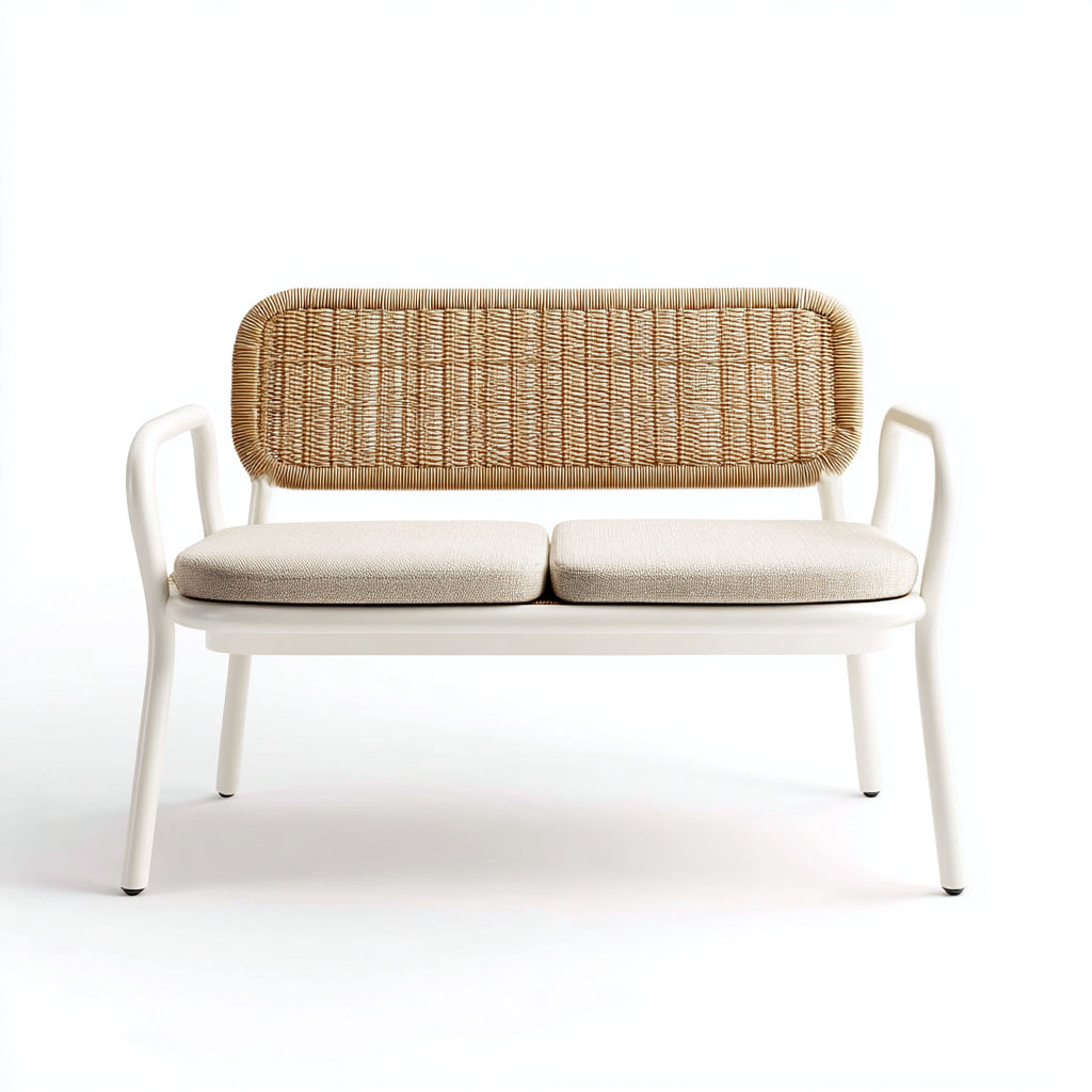 Divano da esterno divano a due posti rattan metallo 120x65x75 cm - bianco naturale - design moderno per giardino