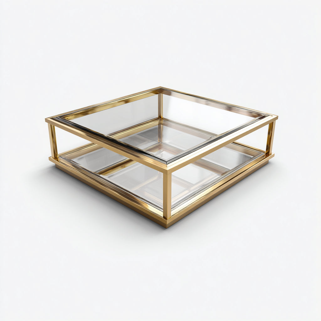 Tavolino da caffè quadrato in vetro e metallo 90x90x35 cm - trasparente e oro - design moderno per soggiorno