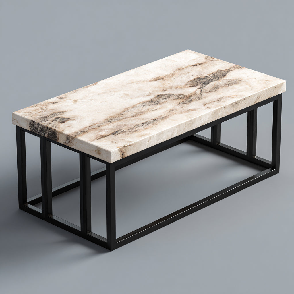 Tavolino da caffè rettangolare con piano effetto marmo 120x60x40 cm - metallo - beige - nero - design moderno per soggiorno