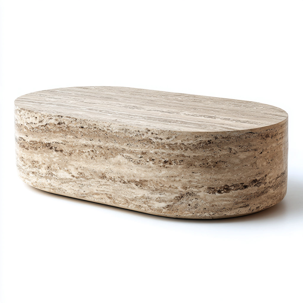 Tavolino da caffè ovale in pietra 110x60x30 cm - travertino beige - design contemporaneo per soggiorno