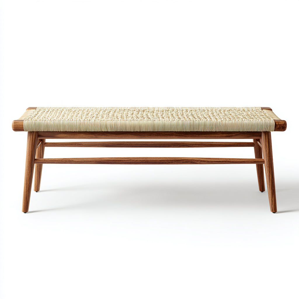 Panca da giardino in legno e seduta intrecciata 120x35x45 cm - naturale - stile minimal per esterni