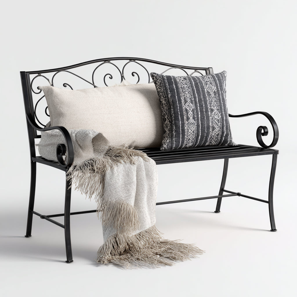 Panca da giardino in metallo con schienale decorativo e braccioli 150x45x85 cm - nero - stile classico per esterni