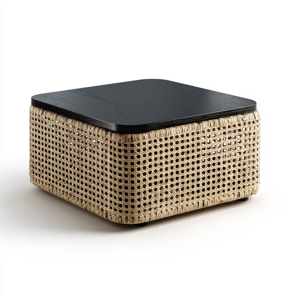 Tavolino da caffè quadrato in legno e rattan 70x70x40 cm - nero e naturale - design moderno per soggiorno