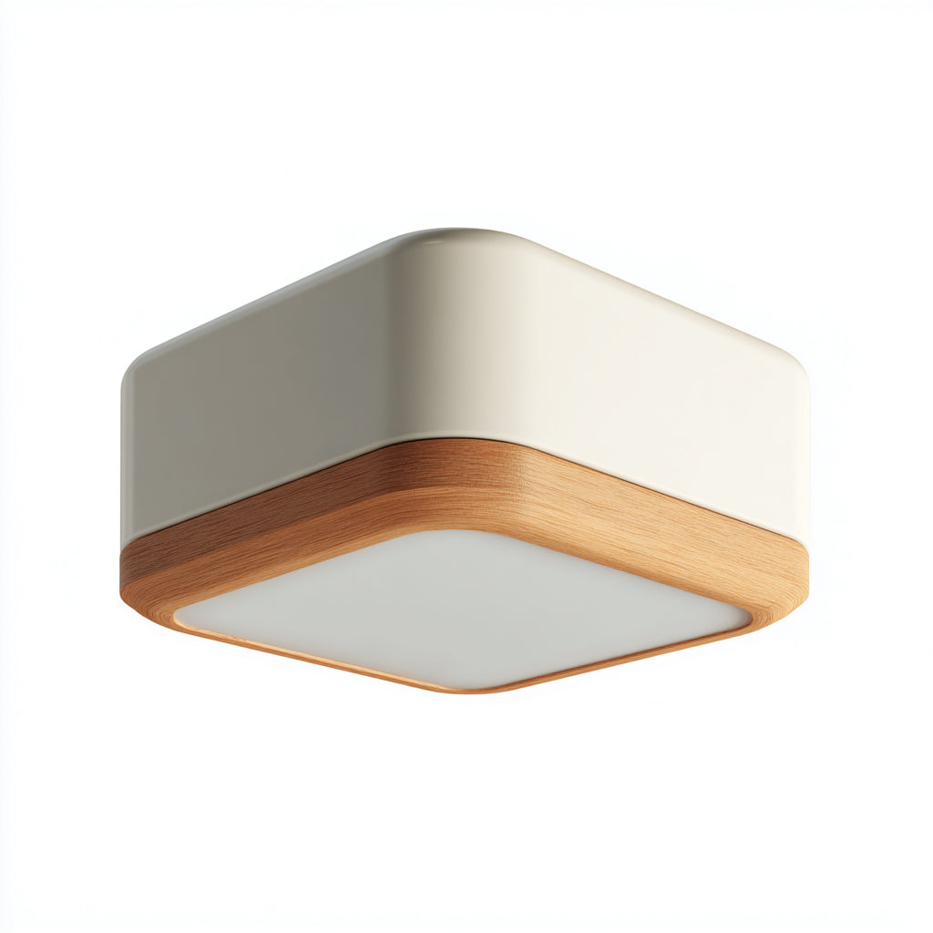 Lampada da soffitto quadrata in metallo e legno 30x30x10 cm - bianco-naturale - design moderno per soggiorno e camera