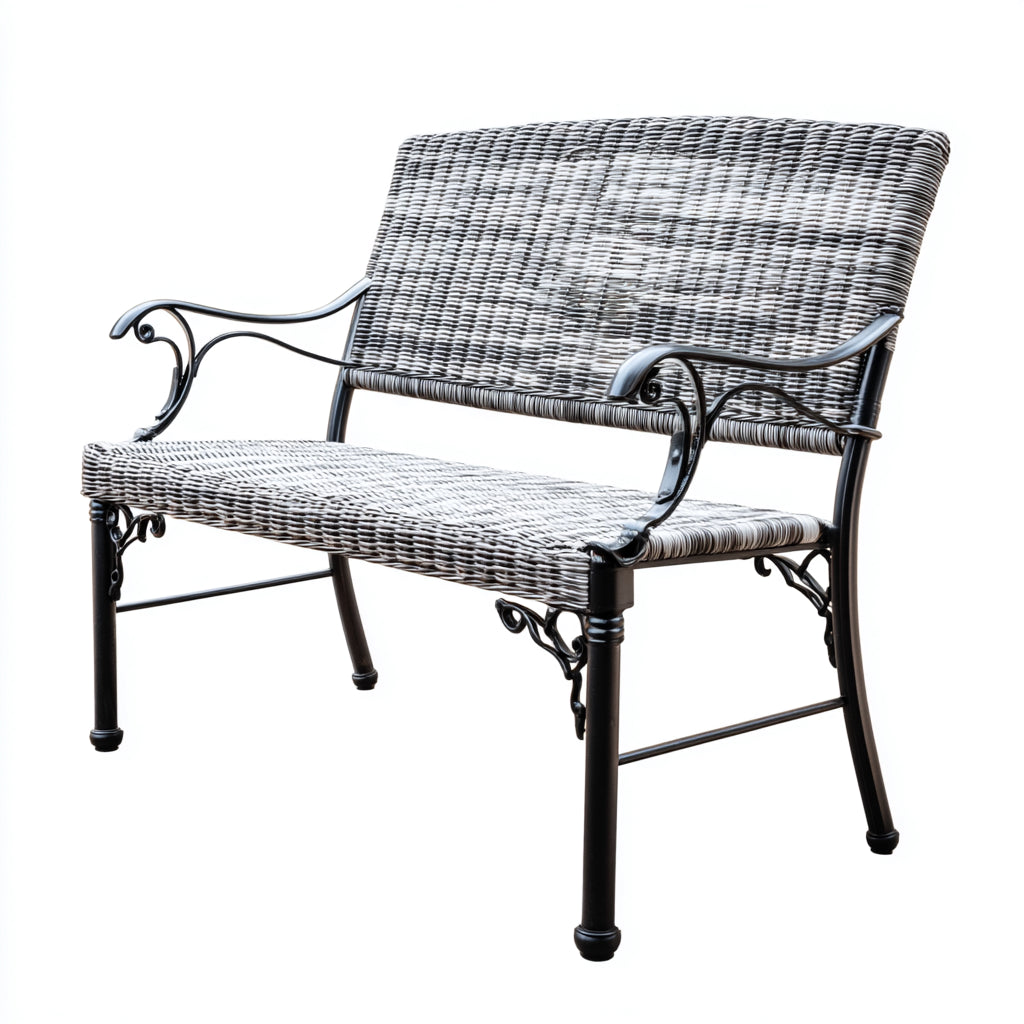 Panca da giardino in intreccio sintetico e metallo con schienale e braccioli 140x55x85 cm - grigio - stile classico per esterni