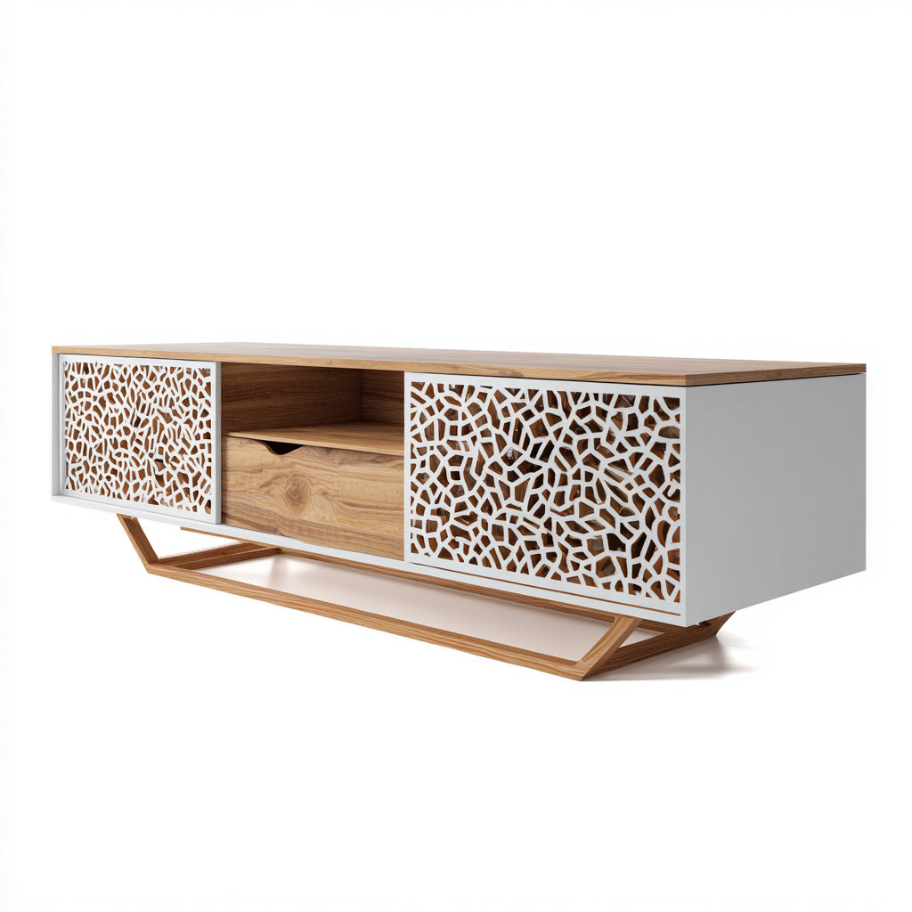 Mobile TV in legno e pannelli 160x40x45 cm - bianco-marrone chiaro - design moderno per soggiorno