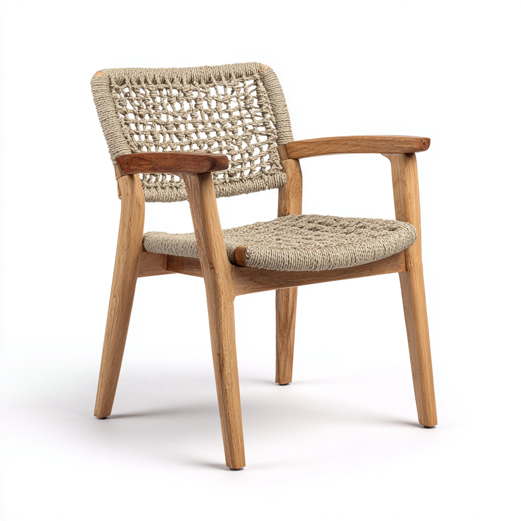 Sedia da giardino sedia legno con braccioli intreccio corda 56x54x78 cm - naturale - design artigianale per esterno
