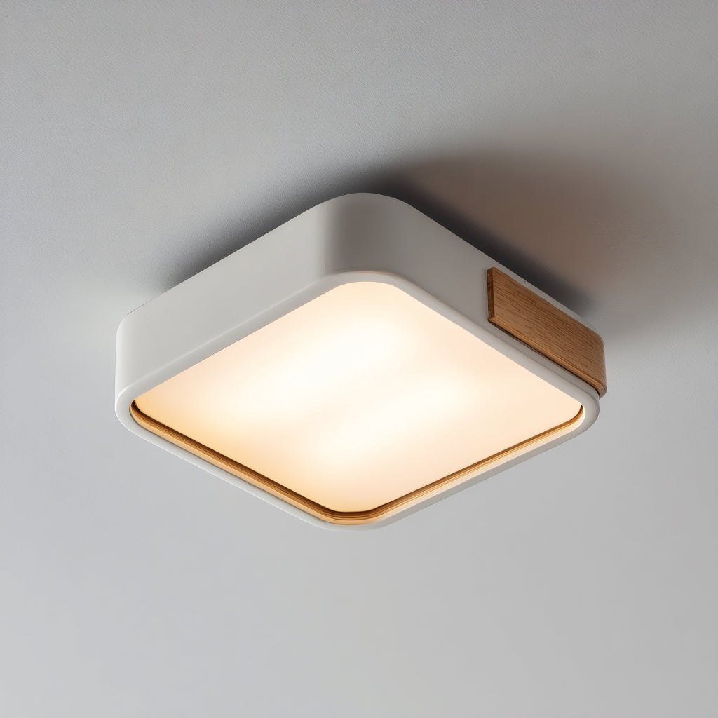 Lampada da soffitto quadrata in metallo e legno 30x30x8 cm - bianco - design moderno per soggiorno e camera