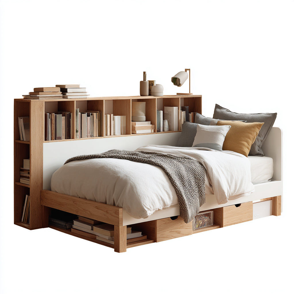 Letto singolo in legno con libreria integrata 200x90x105 cm - naturale-bianco - design moderno per camera da letto