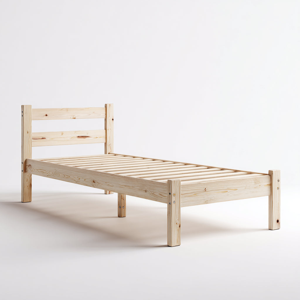 Letto singolo in legno massello con rete a doghe 200x90x85 cm - naturale - stile essenziale per camera da letto