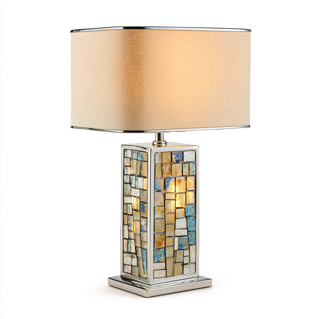 Lampada da tavolo in metallo e mosaico con paralume in tessuto 30x20x55 cm - multicolore e crema - per illuminazione ambientale con stile decorativo