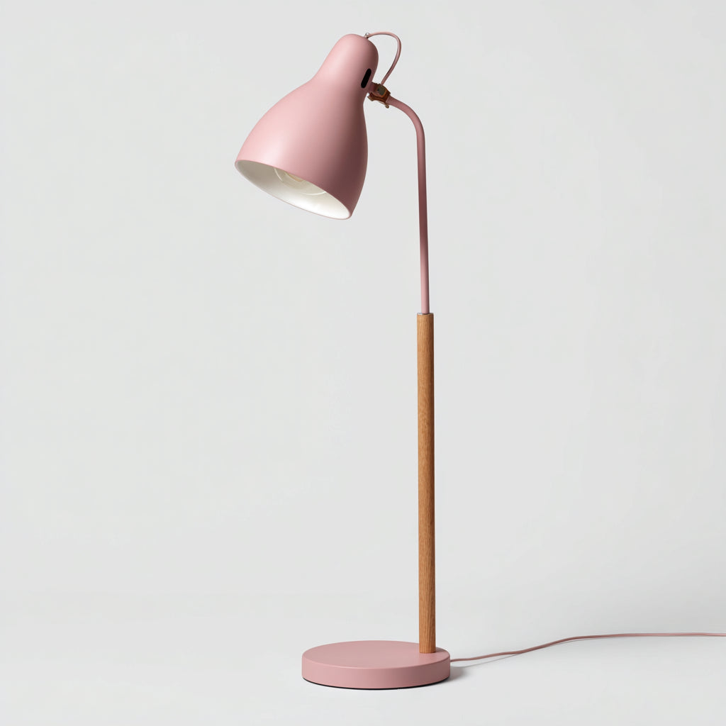 Lampada da terra in metallo e legno 32x32x155 cm - rosa - naturale - design moderno per lettura e soggiorno