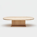 Tavolino da caffè ovale con piano in pietra e base in legno 130x70x40 cm - beige e naturale - design contemporaneo per soggiorno