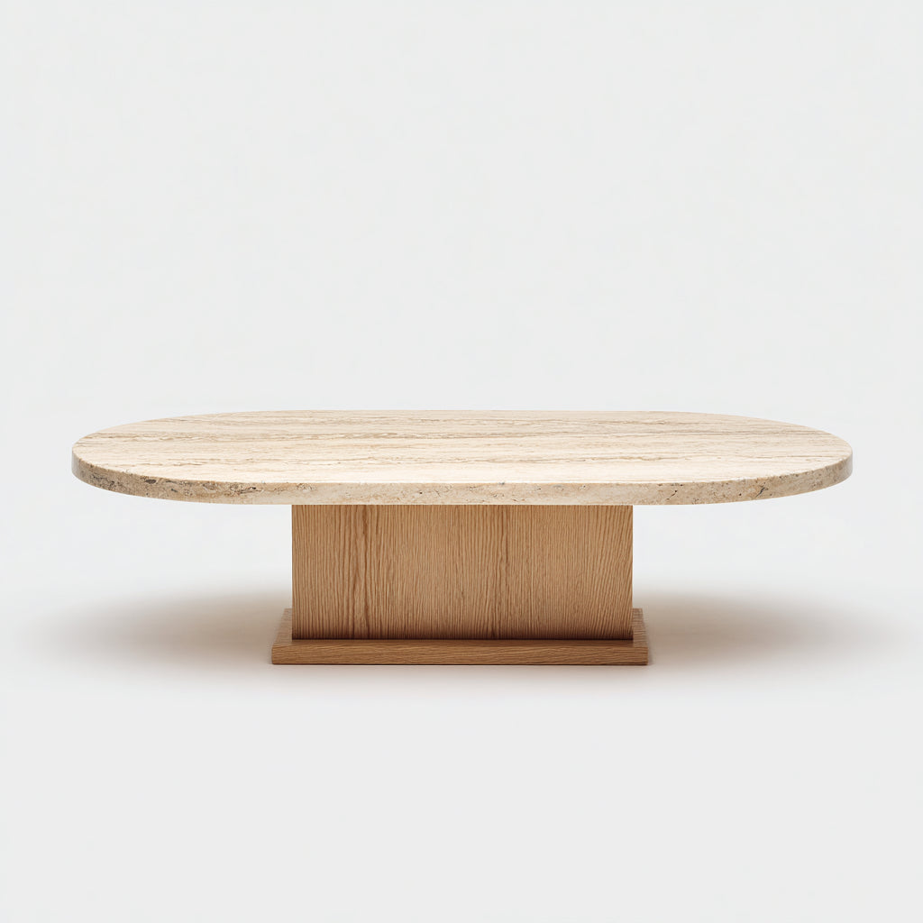 Tavolino da caffè ovale con piano in pietra e base in legno 130x70x40 cm - beige e naturale - design contemporaneo per soggiorno