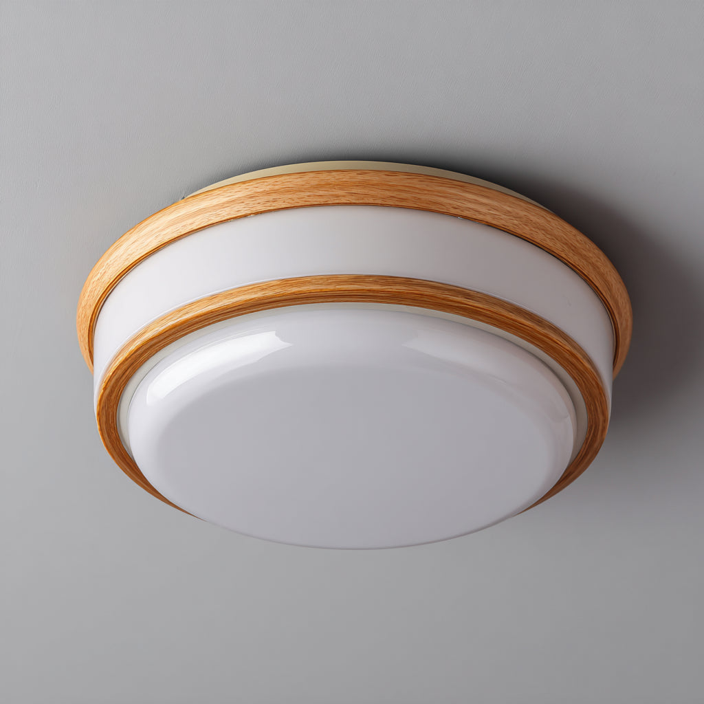 Lampada da soffitto rotonda in legno e diffusore opale 40x40x12 cm - legno naturale - design moderno per soggiorno e camera