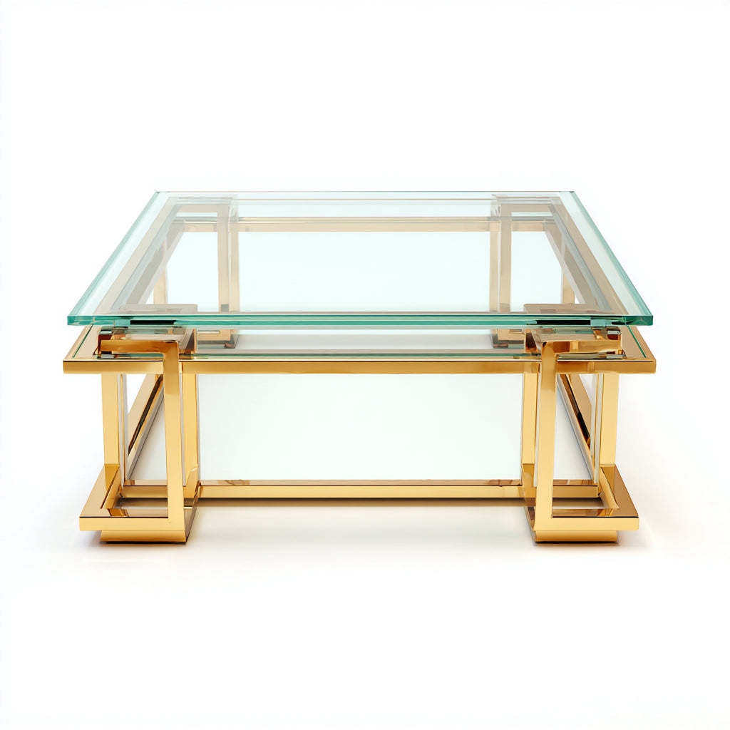 Tavolino da caffè quadrato in vetro e metallo 80x80x40 cm - trasparente e oro - design moderno per soggiorno