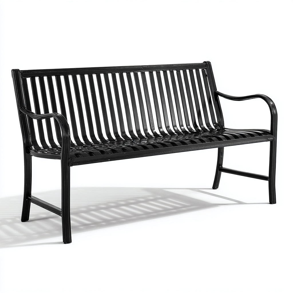 Panca da giardino in metallo con schienale a doghe e braccioli 150x45x85 cm - nero - stile moderno per esterni