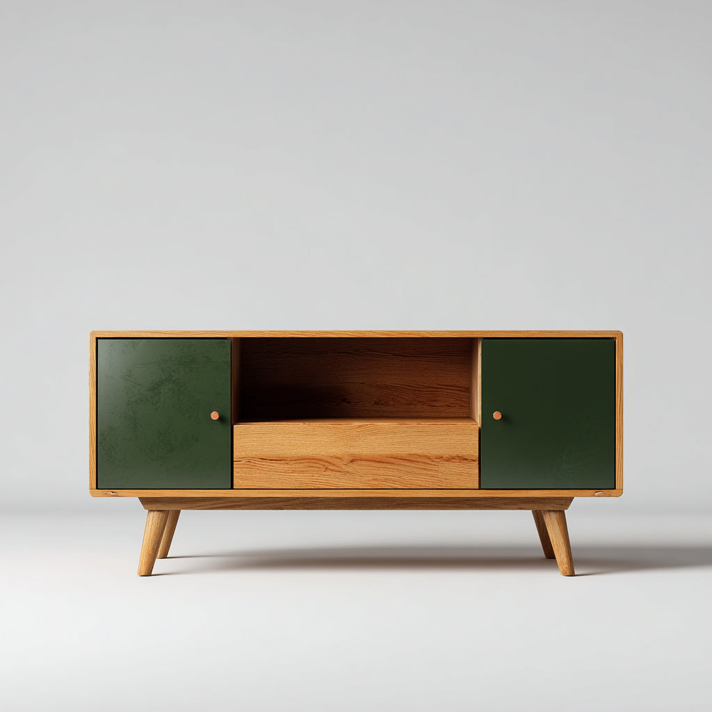 Mobile TV in legno e pannelli 150x40x50 cm - marrone chiaro-verde scuro - design scandinavo per soggiorno
